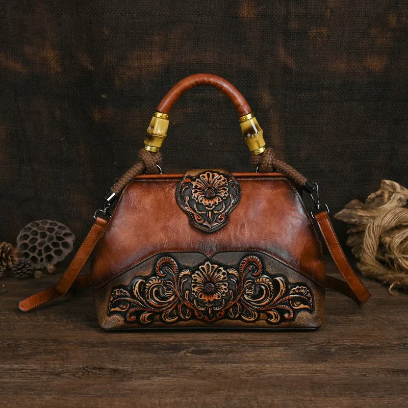 Floral Embossed Leather Top Handle Bag - Item AFS-12 view 2