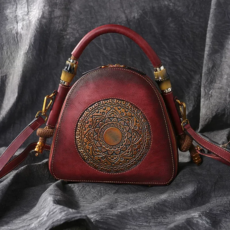 Burgundy Mandala Leather Handbag - Item AFS-18 view 9