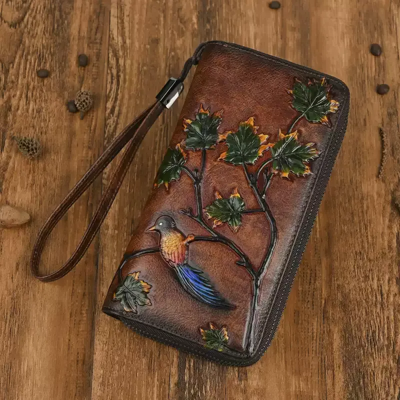 Bird and Leaves Embossed Leather Wallet - Item AFS-8 view 5