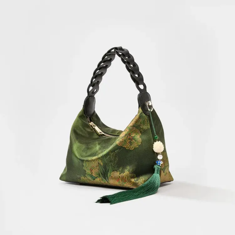 Deep Green Mulberry Silk Shoulder Bag - Item TX-1