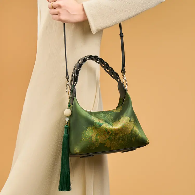 Deep Green Mulberry Silk Shoulder Bag - Item TX-1 view 4
